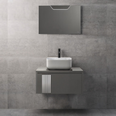 Arquitect 100221360 Комплект 7в1: Тумба с раковиной 80*45 см, матовая серая (тумба, зеркало, бра, раковина, смеситель, донный клапан, сифон)