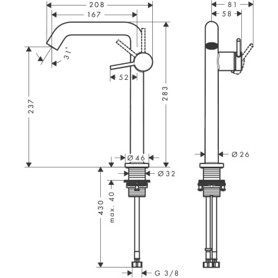 Tecturis S 73370340 Смеситель для раковины 237 мм, со сливным гарнитуром Push-Open, шлифованный чёрный хром