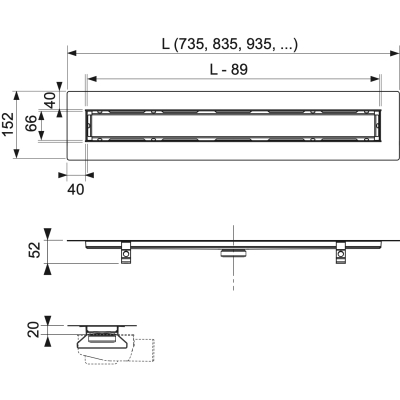 TECEdrainline 650900 Душевой лоток 90 см (монтажная часть) под облицовку камнем, нержавеющая сталь