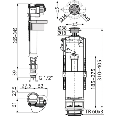 SA2000S1/2" Сливной комплект со стоп кнопкой, нижний подвод (для керамических бачков) 1/2"
