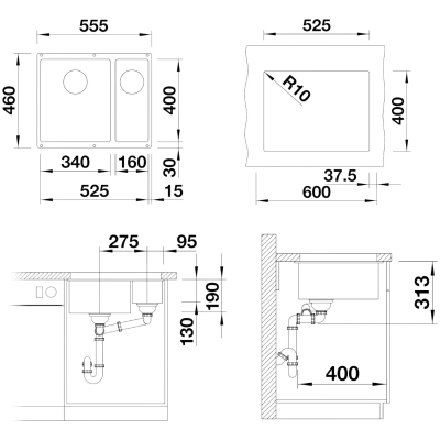 Subline 340/160-U RH 523565 Мойка двойная встраиваемая под столешницу 55,5*46 см, серо-бежевая