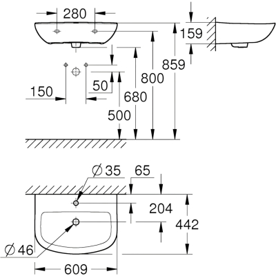 Bau Ceramic 39421000 Раковина подвесная 60,9*44,2 см, глянцевая белая