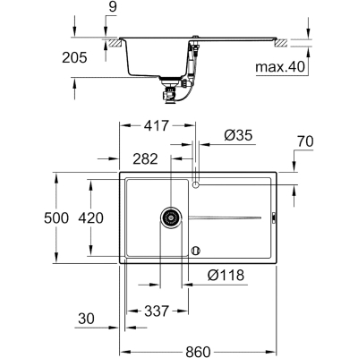 K400 31640AP0 Мойка встраиваемая сверху 86*50 см, чёрный гранит