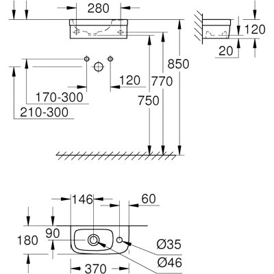 Euro Ceramic 39327000 Мини-раковина подвесная 37*18 см, глянцевая белая