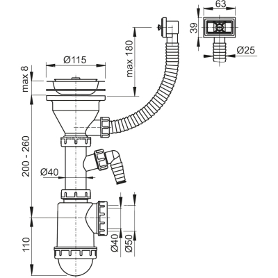 A447P-DN50/40 Сифон для мойки с дополнительным подключением, нержавеющая сталь