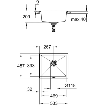 K700U 31654AP0 Мойка встраиваемая сверху / под столешницу 53,3*45,7 см, чёрный гранит