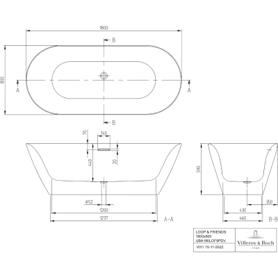 Loop & Friends UBA180LOF9PD00V-RW Ванна акриловая отдельностоящая 180*80 см, матовая белая
