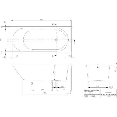 Oberon 2.0 UBQ181OBR2DV-01 Ванна квариловая встраиваемая 180*80 см, глянцевая белая