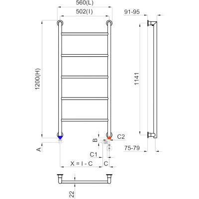 Round 100379742 Полотенцесушитель электрический / водяной 560*1200 мм, шлифованный титан