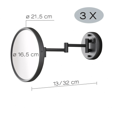 Sarah 2100-14 Косметическое зеркало для бритья с увеличением в 3 раза с LED подсветкой, матовое чёрное