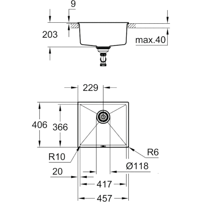 K700U 31653AP0 Мойка встраиваемая сверху / под столешницу 45,7*40,6 см, чёрный гранит