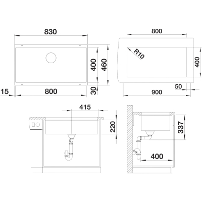 Subline 800-U 523141 Мойка встраиваемая под столешницу 83*46 см, антрацит