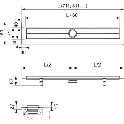 TECEdrainline 600800 Душевой лоток 80 см (монтажная часть), нержавеющая сталь