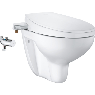 Bau Ceramic 39652SH0 Комплект 3в1: сиденье-биде, подвесной безободковый унитаз, Grohtherm Micro, глянцевый белый