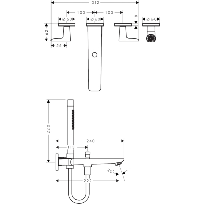 Axor Citterio C 49481140 Смеситель для ванны встроенный на 3 отверстия с ручным душем, шлифованная бронза