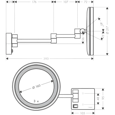 AddStoris 41790670 Косметическое зеркало для бритья с увеличением в 3 раза с LED подсветкой, матовый чёрный