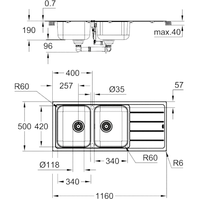 K500 31588SD1 Мойка двойная встраиваемая сверху 116*50 см, нержавеющая сталь